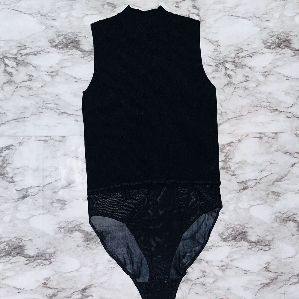 Bardot Sleeveless Mock Neck Bodysuit Ribbed Black Women 10/L Goth Grunge City